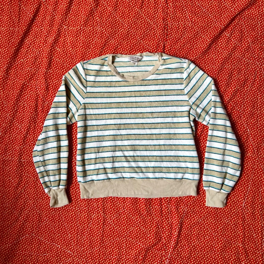 Vintage California Trends Striped Terry Cloth Sweatshirt Tan White Blue Medium